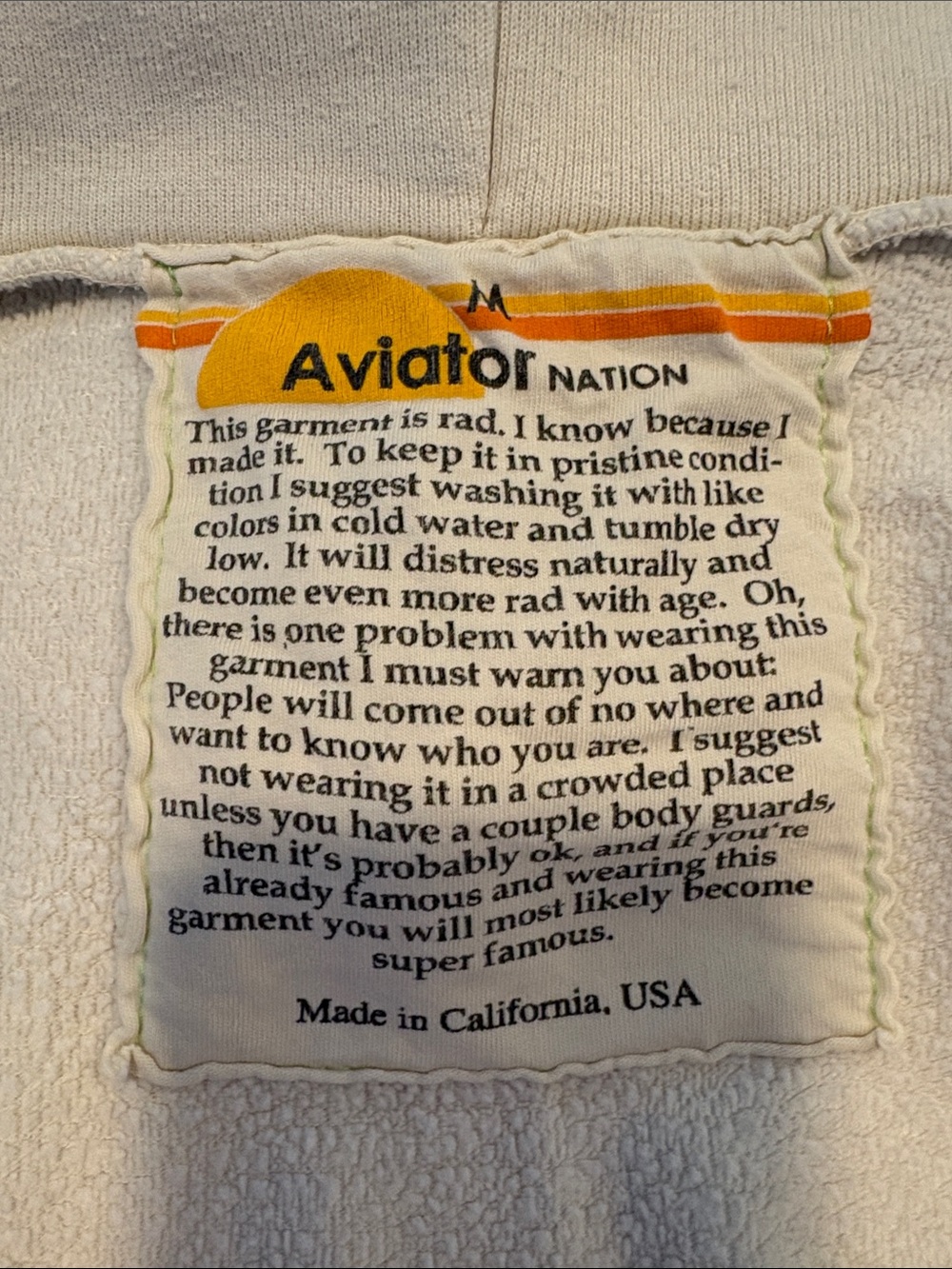 Aviator Nation Full Zip Bolt Hoodie ~ Medium ~ Cream - Picture 8 of 16